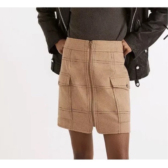 Madewell (Re)sourced‎ Mini Skirt Womens 8 Camel Zip-Front Windowpane Wool Blend - Picture 2 of 9